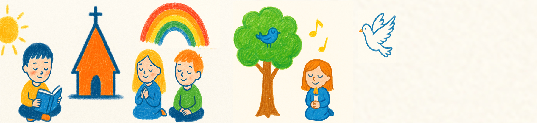 Des enfants lisent, prient et chantent pr&egrave;s d&rsquo;une &eacute;glise, d&rsquo;un arbre et d&rsquo;un arc-en-ciel.